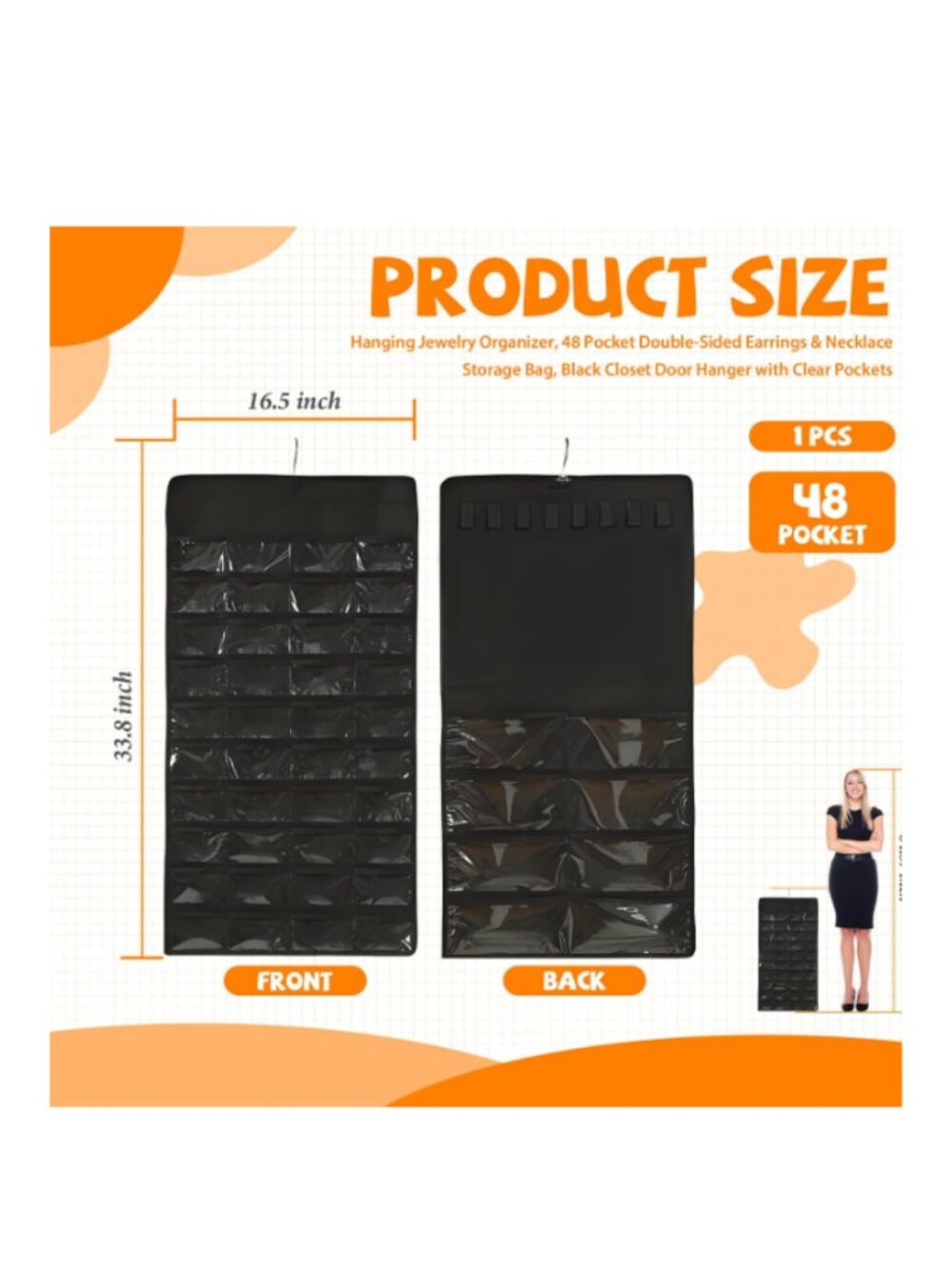48 Pockets Hanging Jewelry Organizer Double-Sided Black NEW - Picture 3 of 3